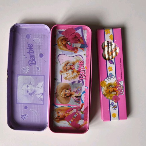Barbie 90s metal pencil case used with pencil set, eraser and notebook