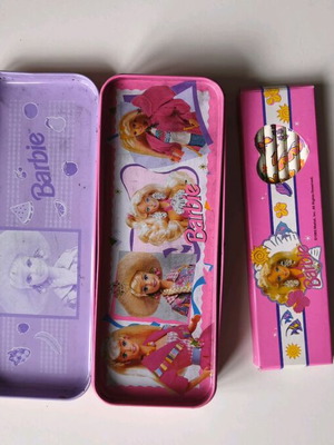 Barbie 90s metal pencil case used with pencil set, eraser and notebook