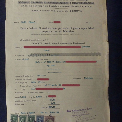 Levante insurance policy 1942 used with 5 Italian stamps