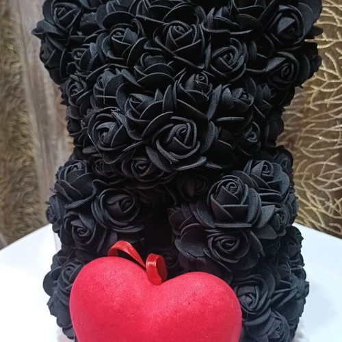 Bear made of artificial roses new, black with red heart