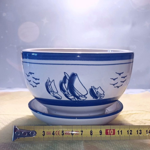 Ceramic planter with painted nautical motifs, new