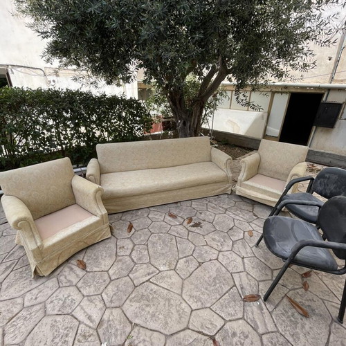 Sofa bed used with storage, two armchairs and two office chairs