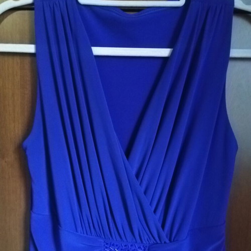 Midi cocktail dress like new with gathers and bead embroidery at waist, blue-purple