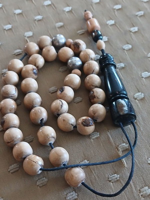 Yiousouri Komboloi used, 33 beads with red coral and silver