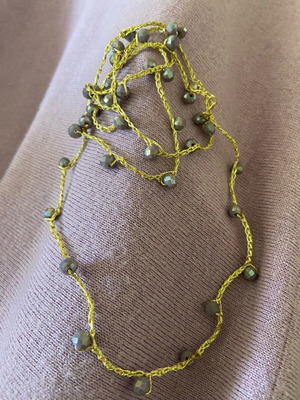 Knitted necklace with gold thread and iridescent beads new