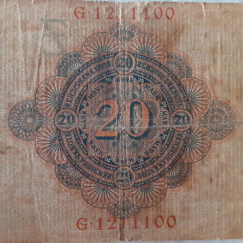 German 20 Mark banknote used, 1910 Reichsbanknote Berlin