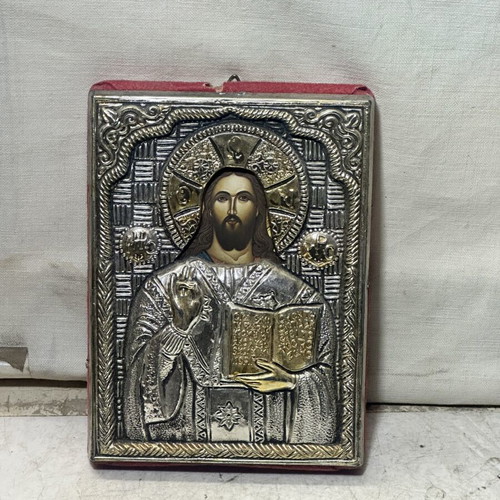 Jesus Christ Pantocrator embossed metal icon, used, 12×10 cm