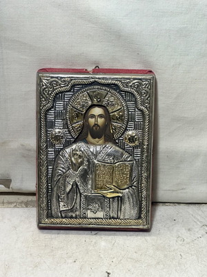 Jesus Christ Pantocrator embossed metal icon, used, 12×10 cm