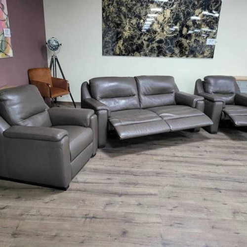 Italian brown leather sofa set Avola with three seats and two armchairs new