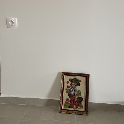 Vintage framed handmade gobelin embroidery with child and dog used