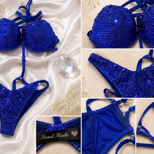 Handmade Bikini Fitness S/M with Blue Crystals, New