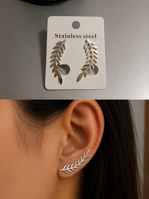 Stainless Steel Earrings like new, feather design, gray