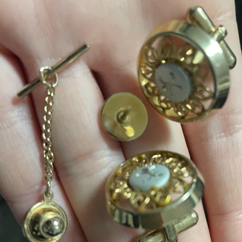 Anson vintage men's cufflinks and tie pin set gold 1970s like new