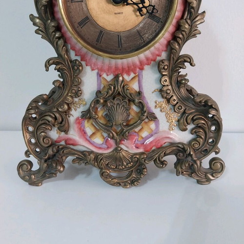 Heavy Bronze Baroque Style Table Clock with Porcelain