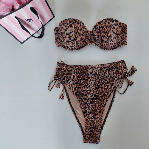Victoria's Secret bikini leopard print brown used, high-rise bottom size S, top 32D/D70