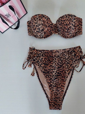 Victoria's Secret bikini leopard print brown used, high-rise bottom size S, top 32D/D70