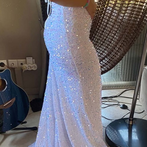 White evening dress with sequins like new, bridal option