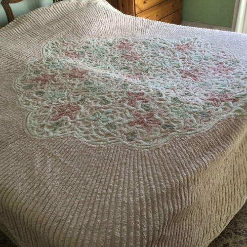 Vintage Chenille Bedspread King Size Used Floral Embossed