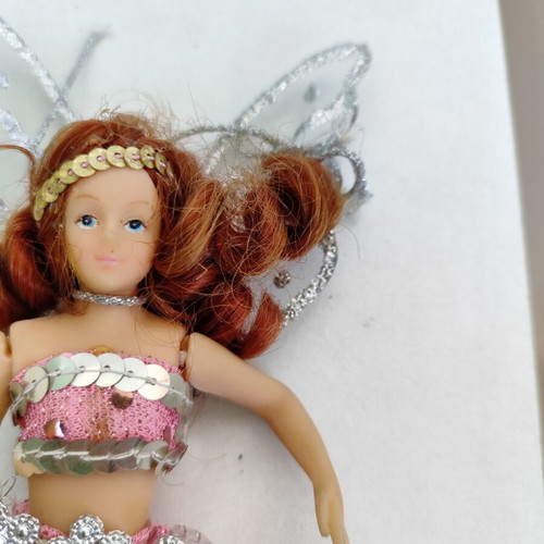 Fairy Mermaid Decorative Doll like new with pink tail and silver wings