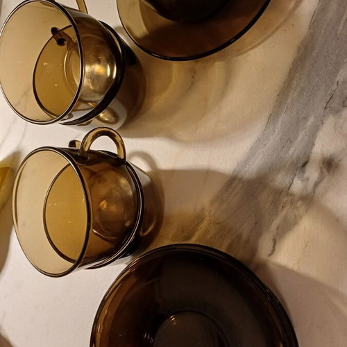 Vereco France vintage set of 5 coffee cups and saucers used, smoked glass