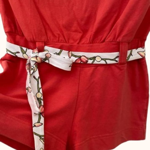 Red Strapless Pelican Playsuit with Floral Belt, Size S, Like New