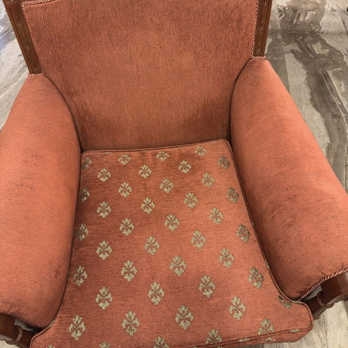 Classic armchairs set of 2 used, wooden frame, terracotta upholstery