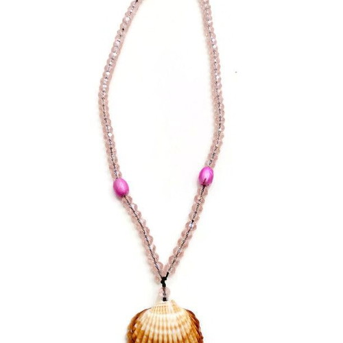 Handmade shell necklace new with black macrame cord and pink crystal beads