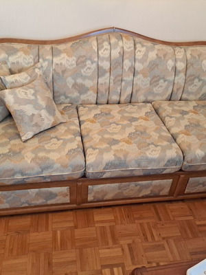 Living room set like new with three-seater, two-seater and walnut armchair