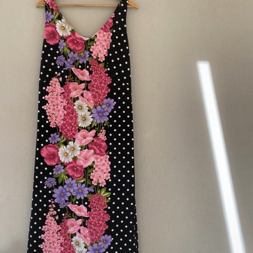 80’s Maxi Floral Handmade Dress like new, black polka dot with multicolor flowers