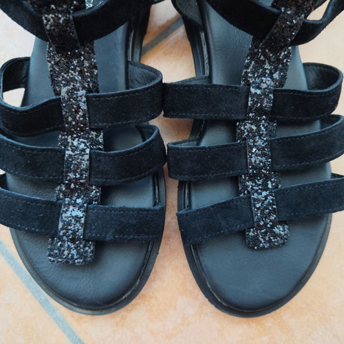 Evangelia Drosi women's leather gladiator sandals glitter black size 40