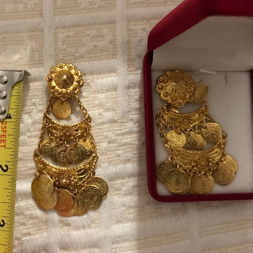Faux gold earrings with clip Greek folk art like new