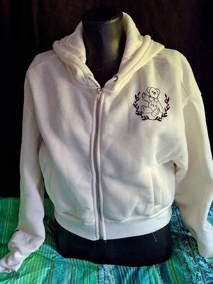 No Comment cropped white college hoodie with zipper and bear print, size M