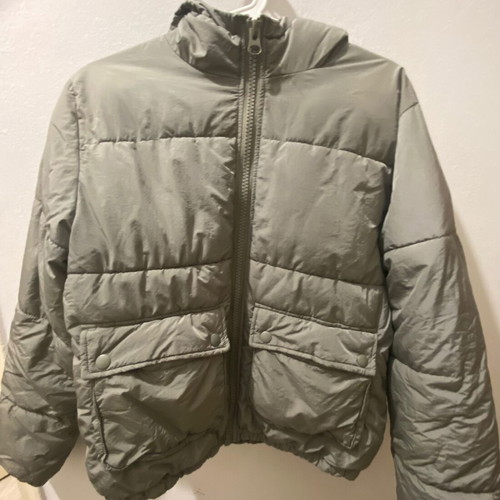 Women's jacket used with hood, short puffer style, H&M brown and green XS