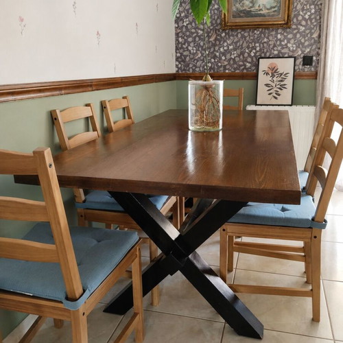 Monastic-style handmade dining table with 6 IKEA chairs and cushions