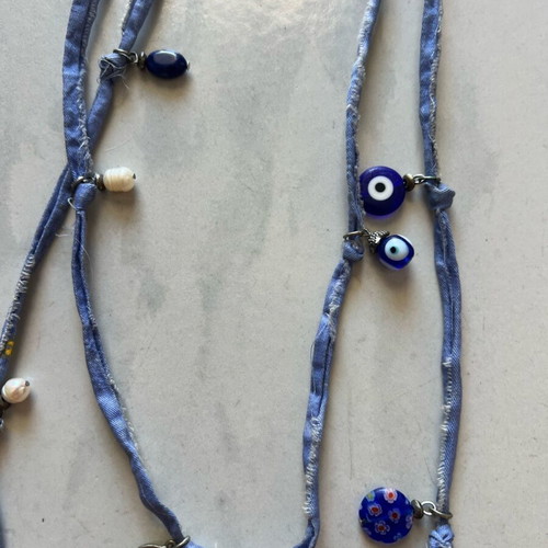 Necklace from denim fabric and beads new