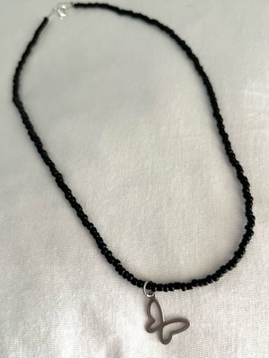 Necklace with black beads and stainless steel butterfly new handmade