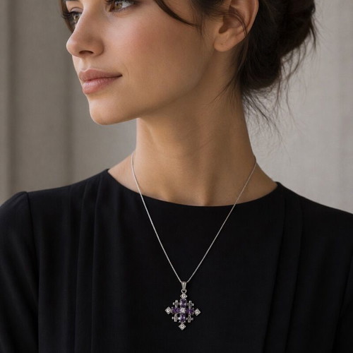 925 Sterling Silver Cross Pendant with Amethyst and Cubic Zirconia, New