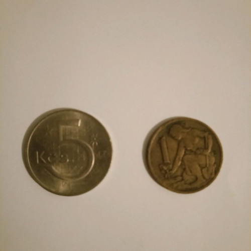Czechoslovakian coins used, lot of 2, 1963 1 koruna and 1974 5 koruna