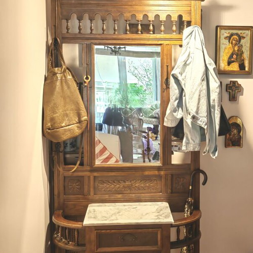 Antique solid walnut entryway furniture with carving, mirror and marble
