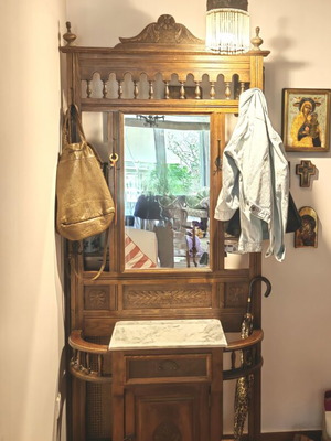 Antique solid walnut entryway furniture with carving, mirror and marble