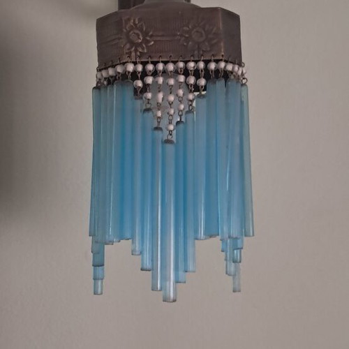 Art Nouveau-Art Deco wall sconces with pink and sky blue glass rod fringe