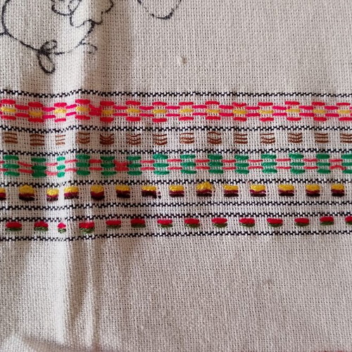 Vintage embroidery saying 'Καλημερα' half complete, used