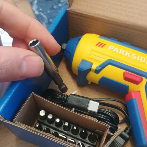 Parkside rechargeable screwdriver 4V with 14 tips and USB-C cable