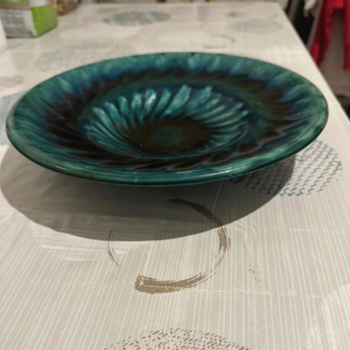 Vintage Soviet ceramic plate with green and blue glaze like new