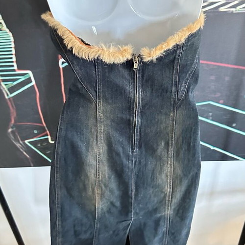 Strapless denim dress Rebecca Blu like new, midi with tan fur trim