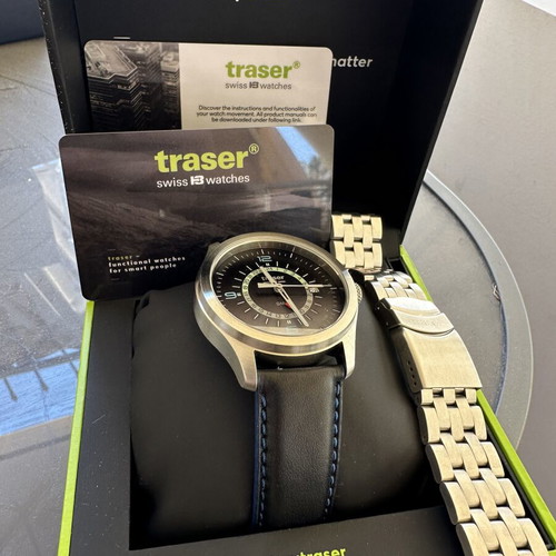 Traser Mens P59 Aurora GMT Black Leather Strap watch like new