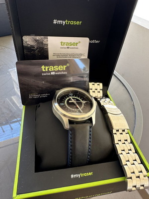 Traser Mens P59 Aurora GMT μαύρο δερμάτινο ρολόι σαν καινούργιο
