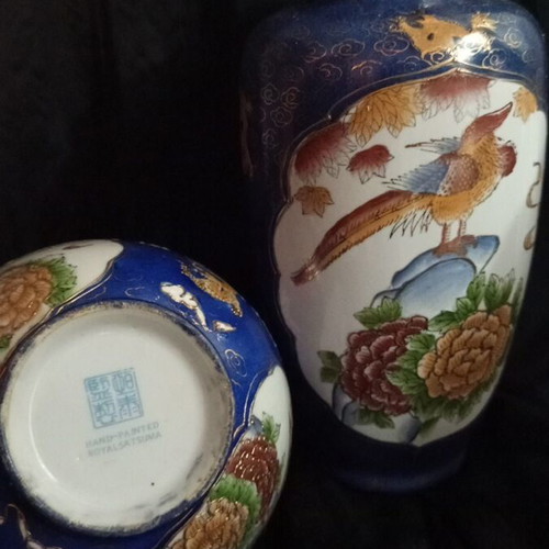 Vintage porcelain set Royal Satsuma vase and bowl cobalt and gold like new