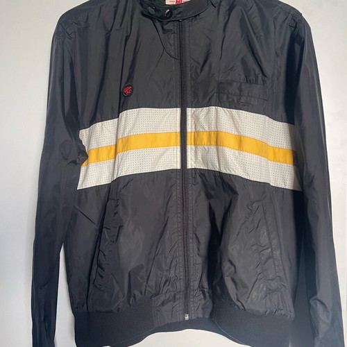 Sixty men's jacket used, size Large, black with white and yellow stripe Y2K