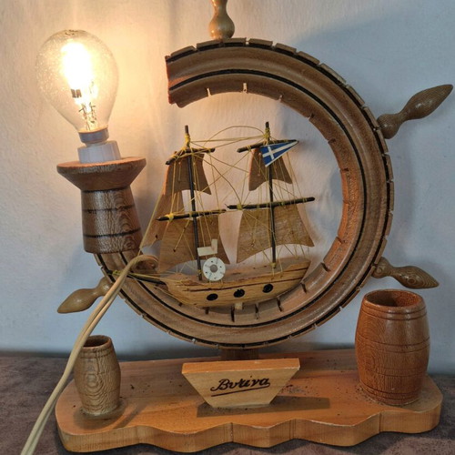 Wooden ship lamp used with ship wheel and pencil holders